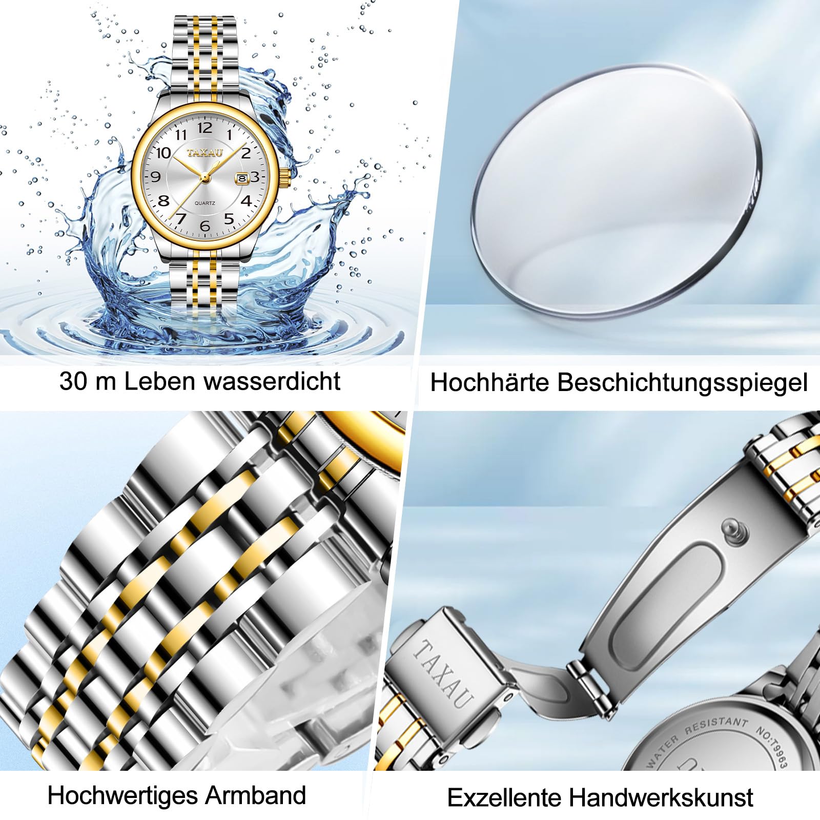 Taxau Damenuhren Arabische Ziffern Kleines Zifferblatt Easy Read Edelstahl wasserdicht Datum