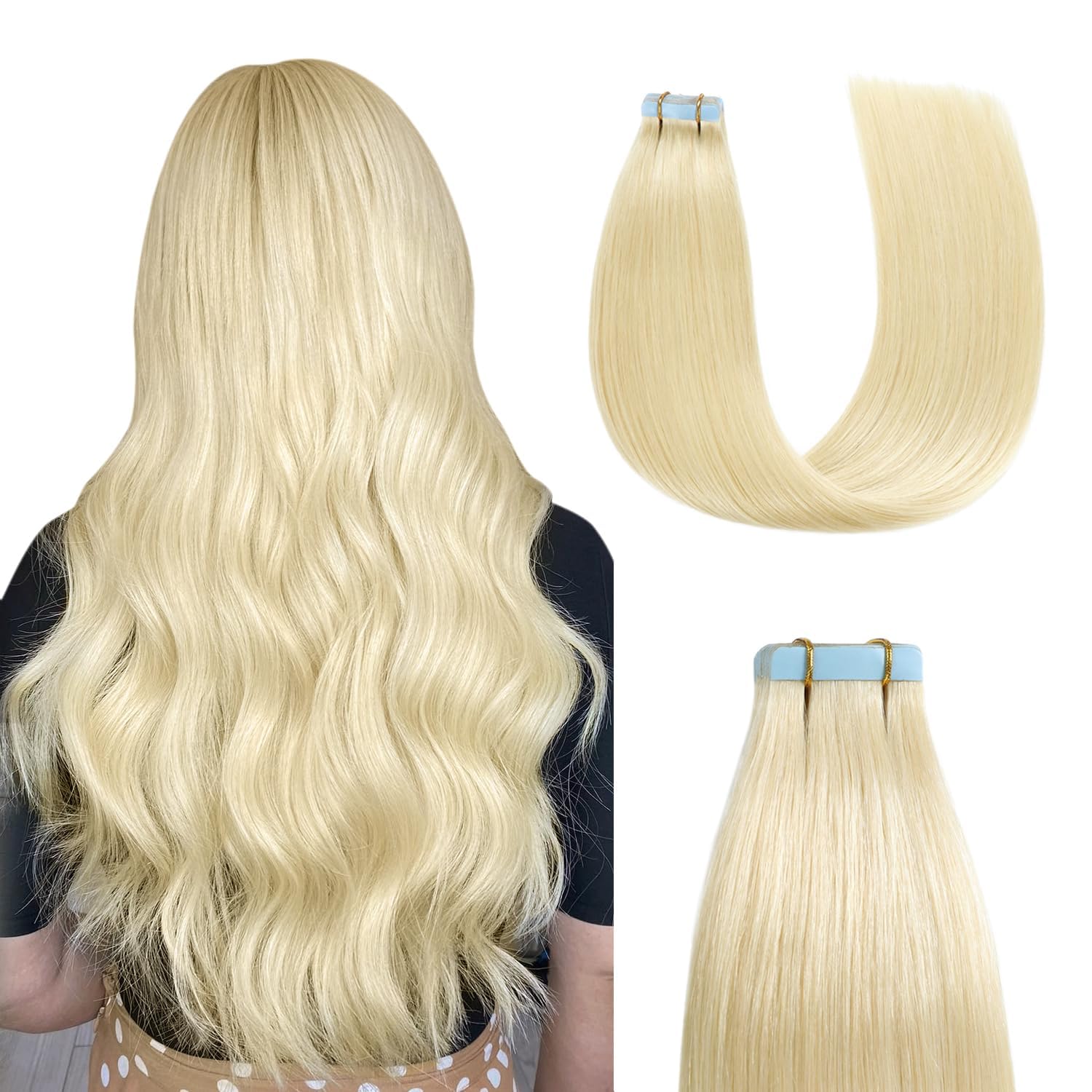 Sunya Tape in Hair Extensions Human Hair Platinum Blonde Tape Hair Extensions 18 Inch Invisble Invisible Tape Hair Human Hair Extensions Natural Skin Hair Weft 50g 20pcs/Pack