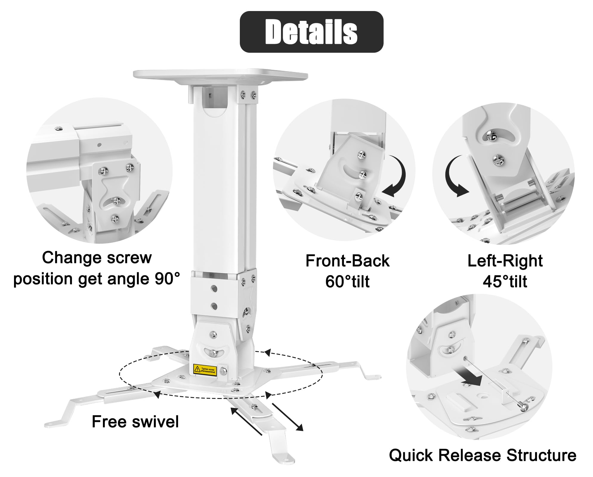 Soporte para proyector de alta resistencia, carga máxima, 45 libras, 46.3 lbs, extensible, 11.4-15.3 pulgadas, montaje en techo, montaje en techo, montaje universal para proyectores, ángulo 4