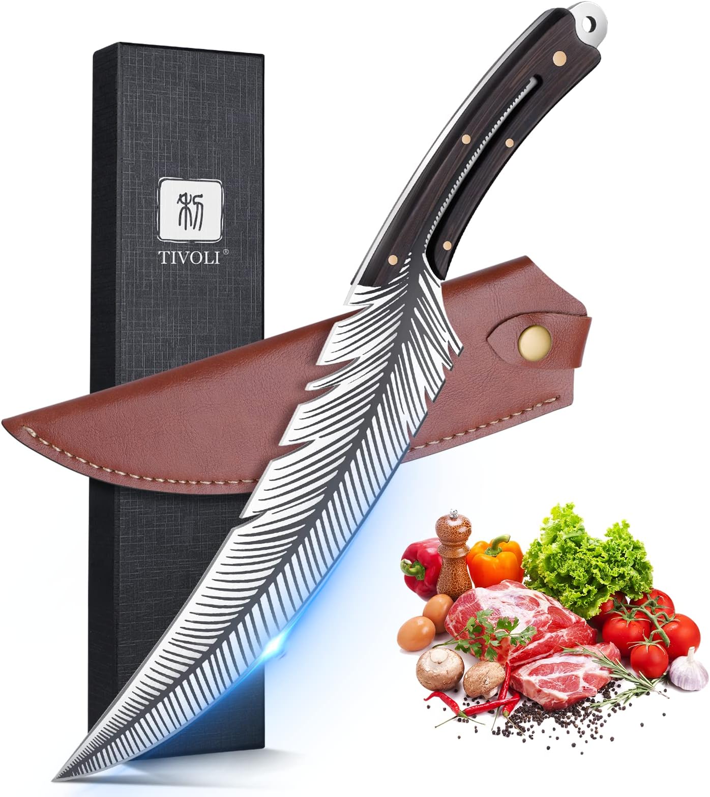 TIVOLI Feather Carving Knife,8 inch Boning Butcher Knife for Meat Cutting, Hand Forged High Carbon Steel Viking Fillet Knife for Brisket Outdoor Camping BBQ Father's Day Christmas Gift Men Women
