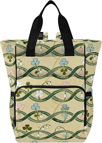 Floral Pattern Diaper Bag Backpack, Multi-Pocket Nylon Tote with Shamrock Design, 11x6x15 Inches, Cream and Green, for Travel and Baby Care