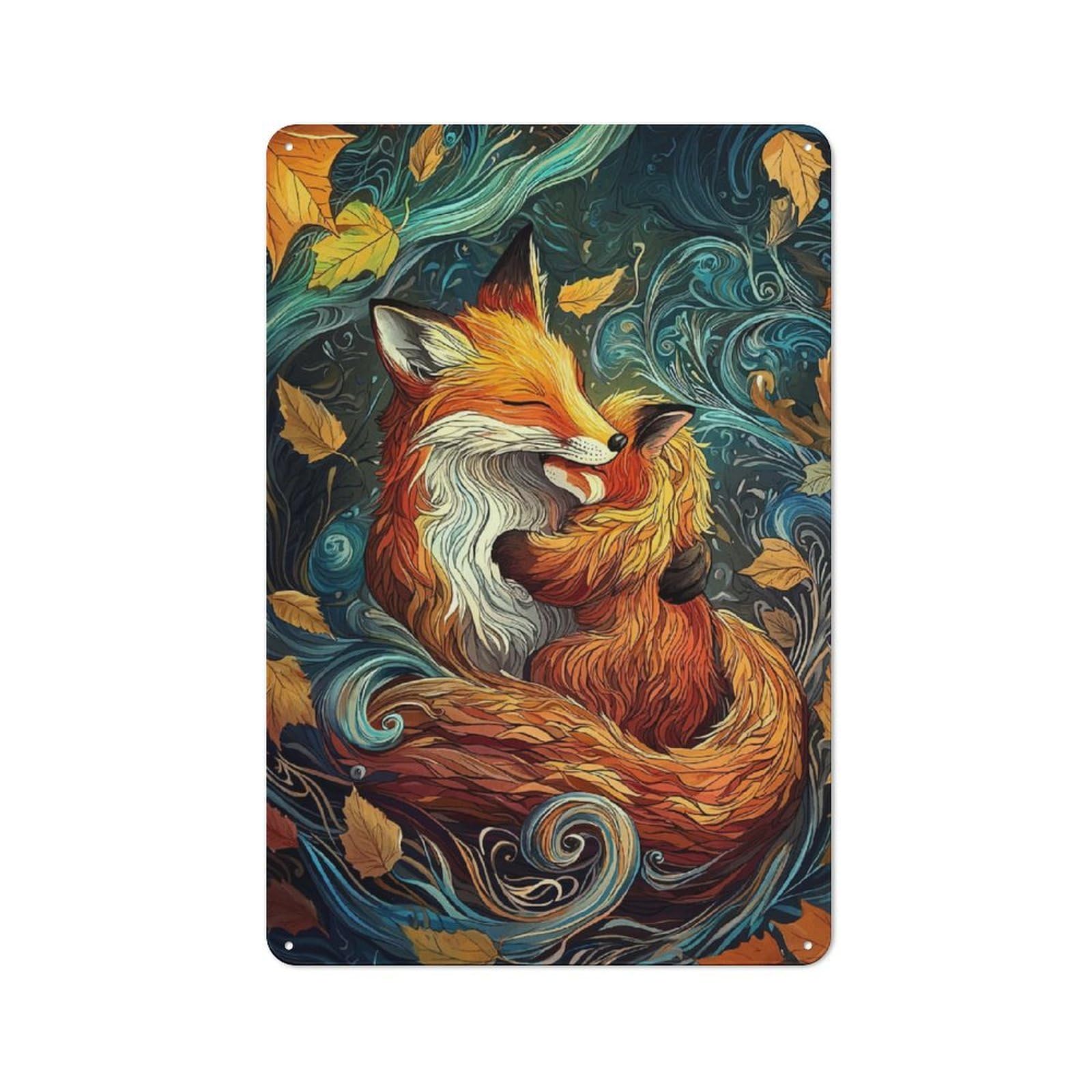 Fox Family Embrace Industrial Metal Wall Decor 30x20cm, Tin Sign for Workshop, Basement, Shed Or Games Room