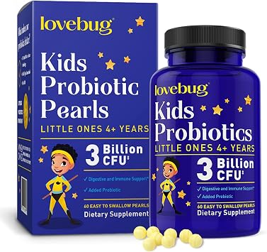LOVEBUG Probiotics for Kids - Kids Probiotic Chewables with Prebiotics for Aged 4+, Daily Childrens Gut Health, Constipation, Digestive & Immune Support Supplement, Sugar-Free, 60 Soft Pearls