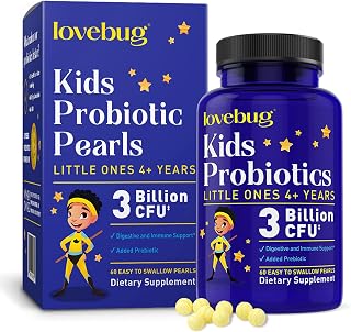 LOVEBUG Probiotics for Kids - Kids Probiotic Chewables with Prebiotics for Aged 4+, Daily Children’s Gut Health, Constipation, Digestive & Immune Support Supplement, Sugar-Free, 60 Soft Pearls