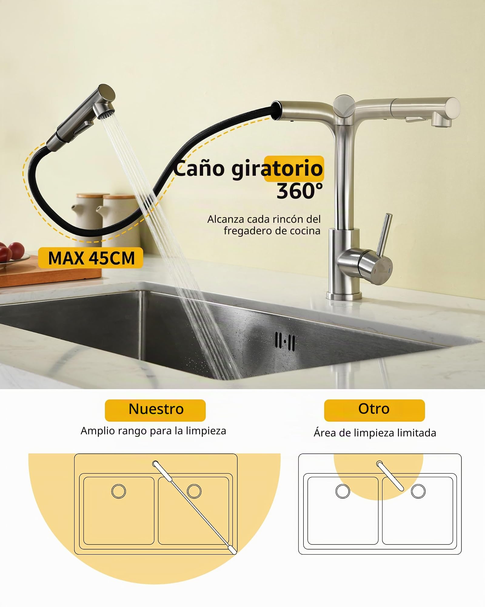Grifo de cocina Baollansa, grifo extractable con alta presión, grifo de fregadero de cocina con ducha, 2 tipos de chorro de agua, grifo de cocina de acero inoxidable, giratorio 360° (cepillado)