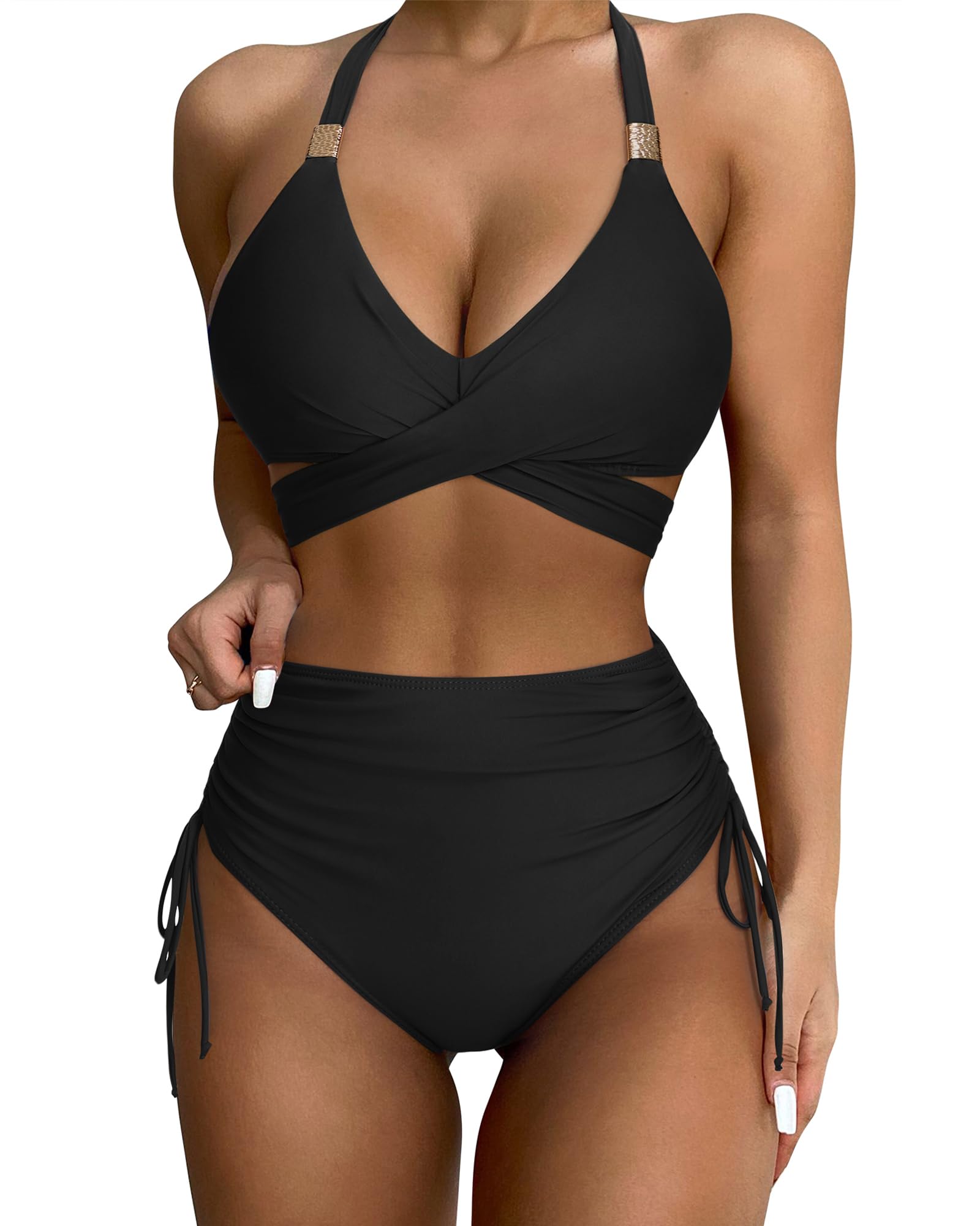 SUUKSESS Womens High Waisted Bikini Sets Tummy Control Drawstring Tie Knot Swimsuit
