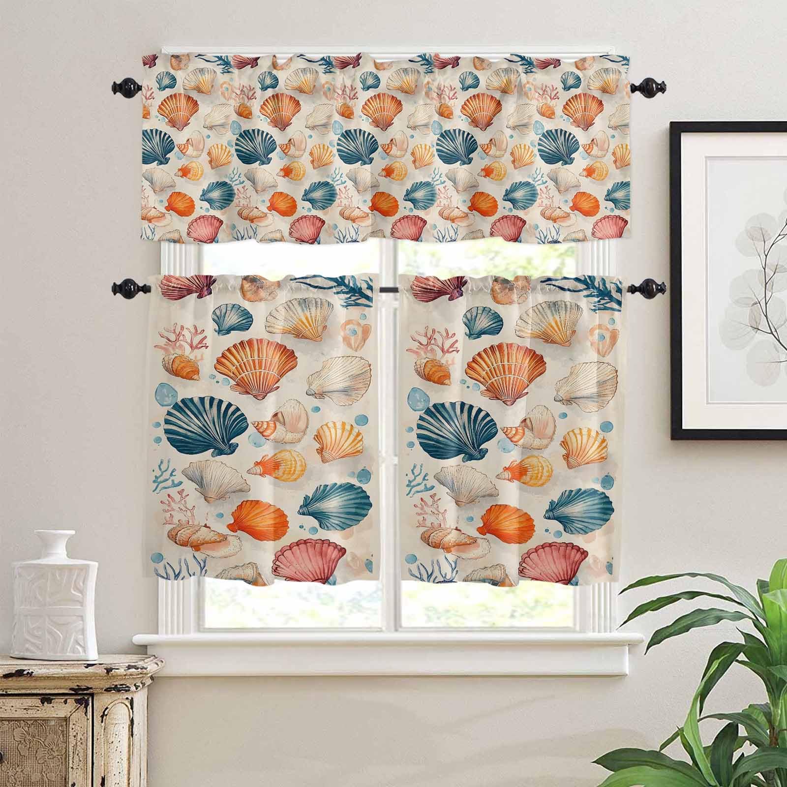 Beach Coastal Kitchen Curtains 36 Inch Length, 3 Piece Rod Pocket Small Half Tiers and Valance Set, Summer Nautical Shell Starfish Small Large Window Treatment Decor for Bedroom/Bathroom Sink