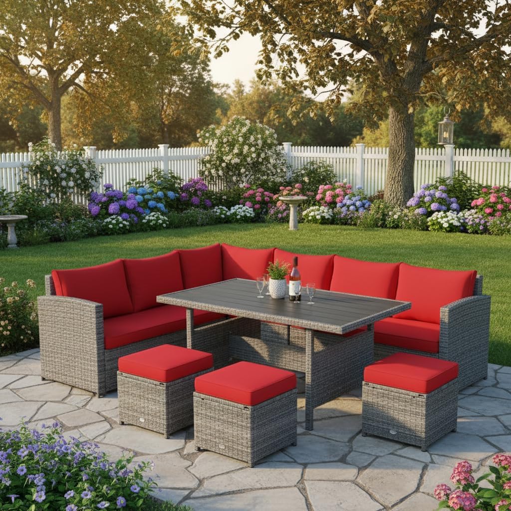 Tangkula 7 Pieces Patio Furniture Set, Outdoor Sectional Rattan Sofa Set with Cushions, All Weather Wicker Conversation Couch Set w/Dining Table & Ottomans for Backyard Garden Poolside