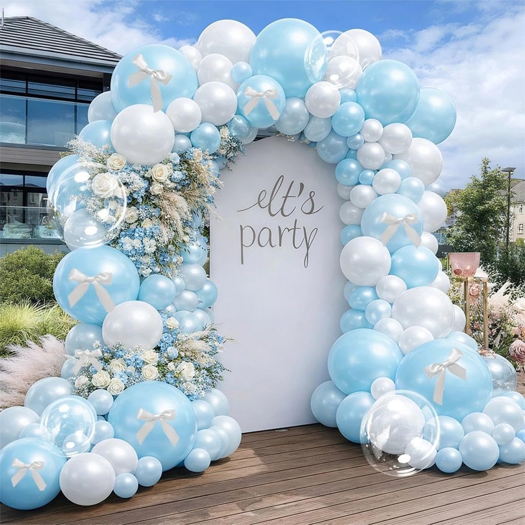 Blue White Balloon Garland Double Stuffed Light Baby Blue Balloons White Bow Bobo Pearl Balloon Arch Kit for Wedding Birthday Baby Shower Winter Princess Party Decorations