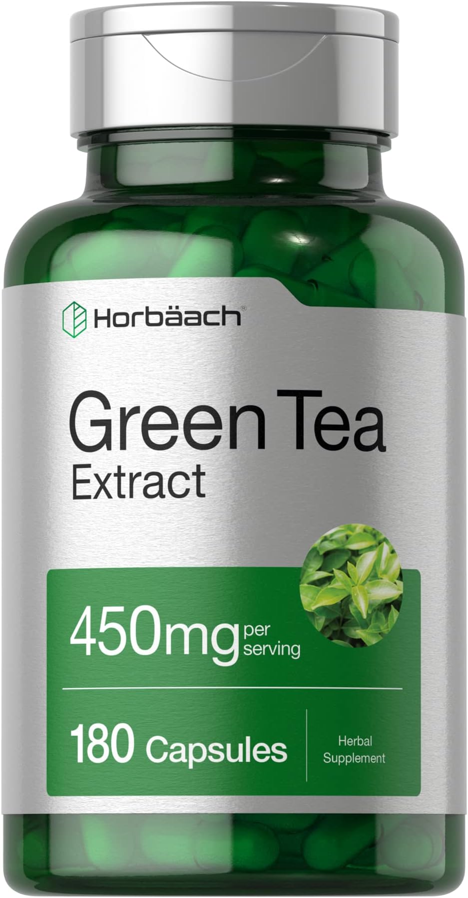Horbäach Green Tea Extract Supplement | 450mg | 180 Capsules | Extra Strength Herbal Formula | Non-GMO and Gluten Free