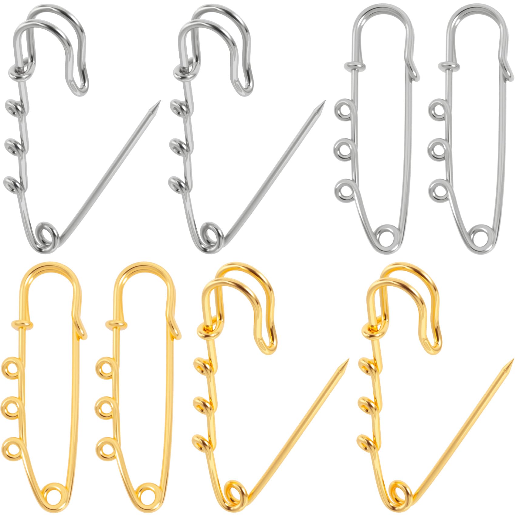 STSTR 8 Pcs Large Safety Pins Brooch, Metal Heavy Duty Safety Pins with 3 Loops, Kilt Pin Brooches Charm for Sewing Craft Blankets Skirts (Gold, Silver)