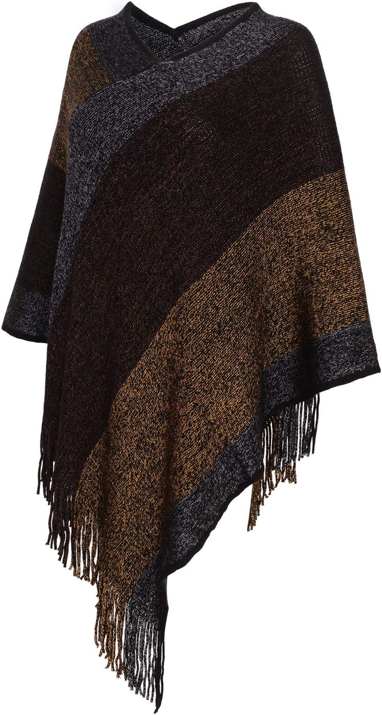 Women's Elegant Knitted Shawl Poncho with Fringed V-Neck Striped Sweater Pullover Cape Gifts for Women Mom - Image 4
