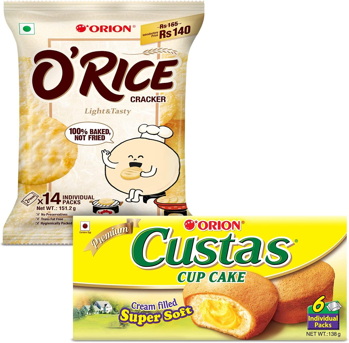 Custas Cup Cake 6pcs & O'Rice Cracker - Assorted pack (Pack of 2)