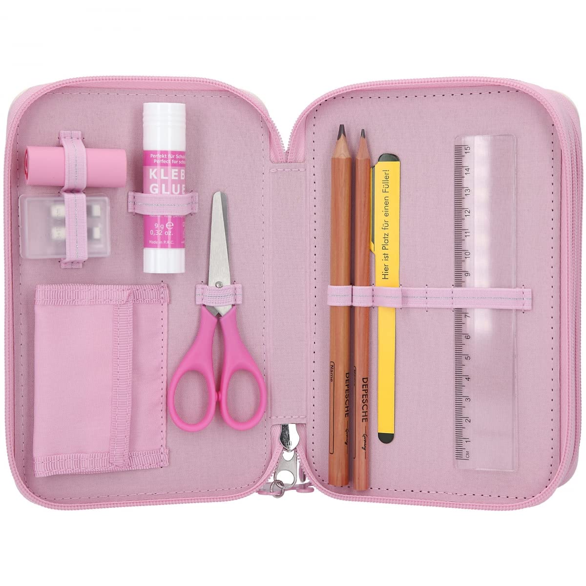 Depesche 10806 TOPModel-Gefüllte 3-Fach Federtasche Bling mit Pudel-Aufdruck, Glitzerhintergrund und Icon-Muster auf der Rückseite, Schüler-Etui in Rosa mit Buntstiften, Lineal, Schere UVM, Mehrfarbig