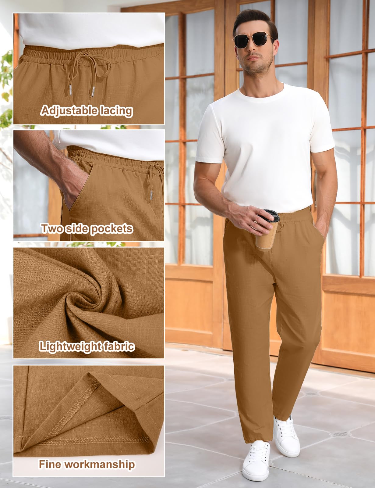 Voqeen Pantaloni Lino Uomo Pantaloni Estivi Loose Fit Pantalone con Coulisse Elastica in Vita con Tasche Pantalaccio Uomo Estivo Leggeri a Gamba Dritta