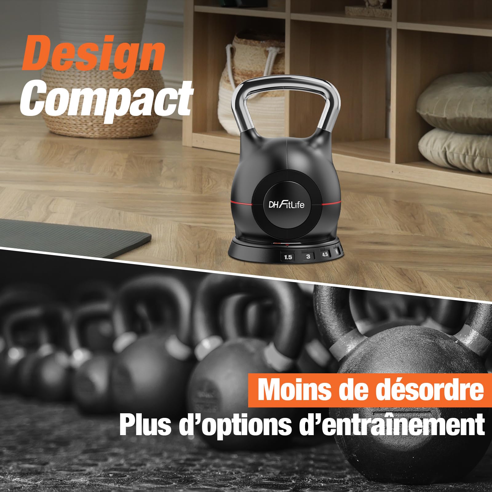 DH FitLife Kettlebell réglable 7-en-1 (1,5–10 kg) | 7 niveaux de poids | Idéal pour musculation, fitness & entraînement à domicile | Compact & peu encombrant