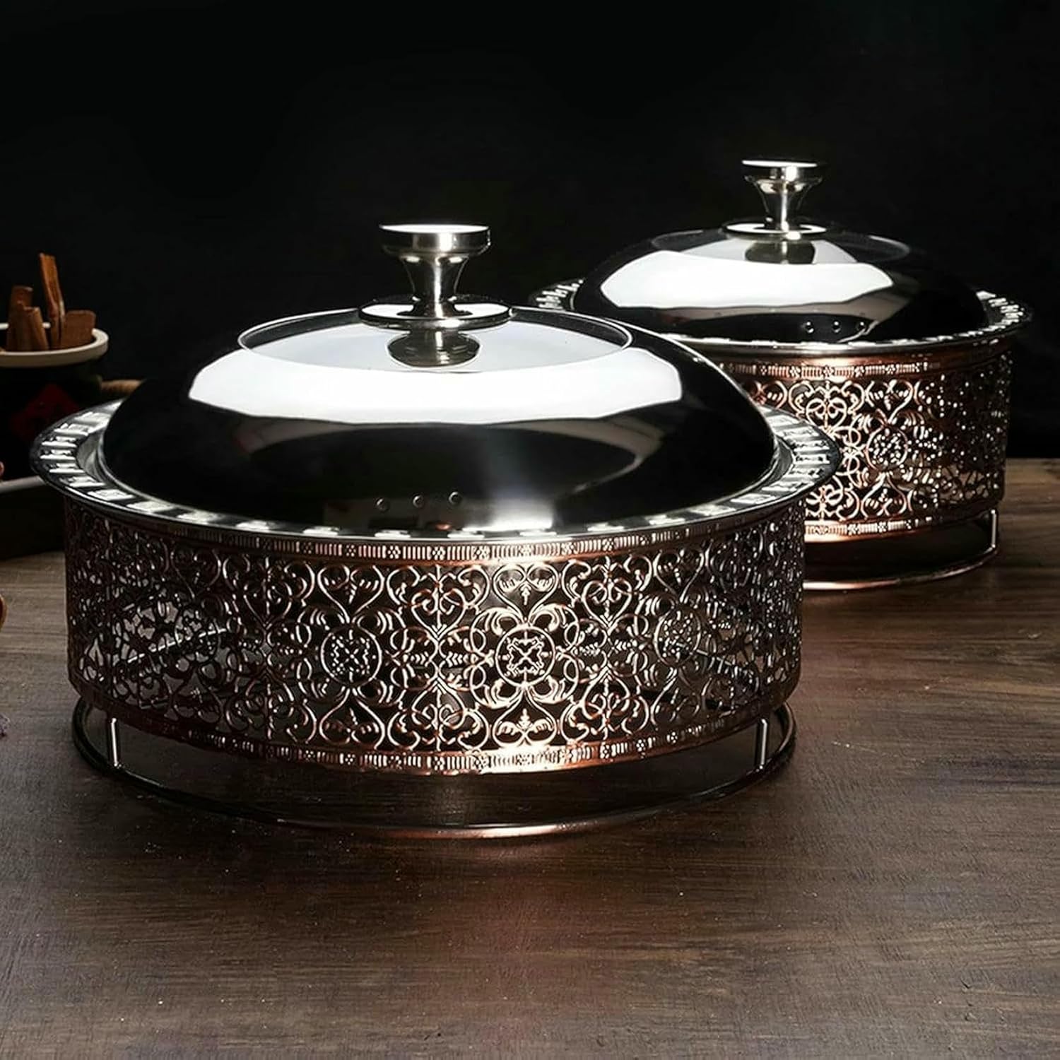 Round Buffet Set in Stainless Steel - Food Quality, Elegant Carved Design, Heating Tray for Buffet ~/