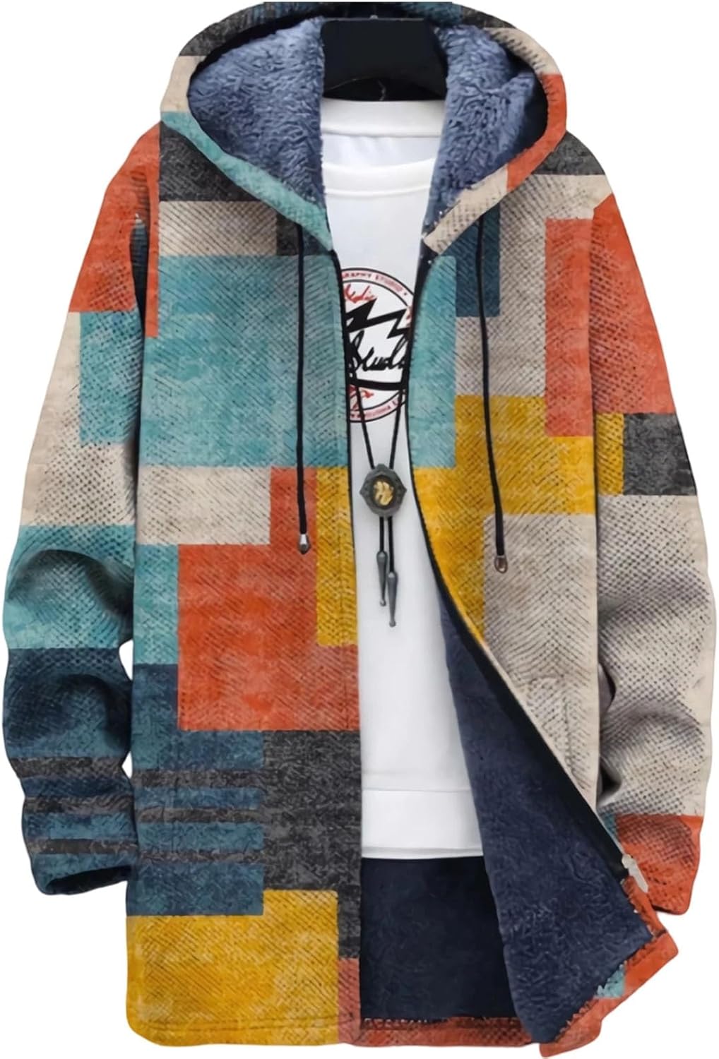 Nordic Abstract Funny Casual Hoodie, Winter Comfortable Warm Men's Top, Medium and Long Jacket Coat with Fluff