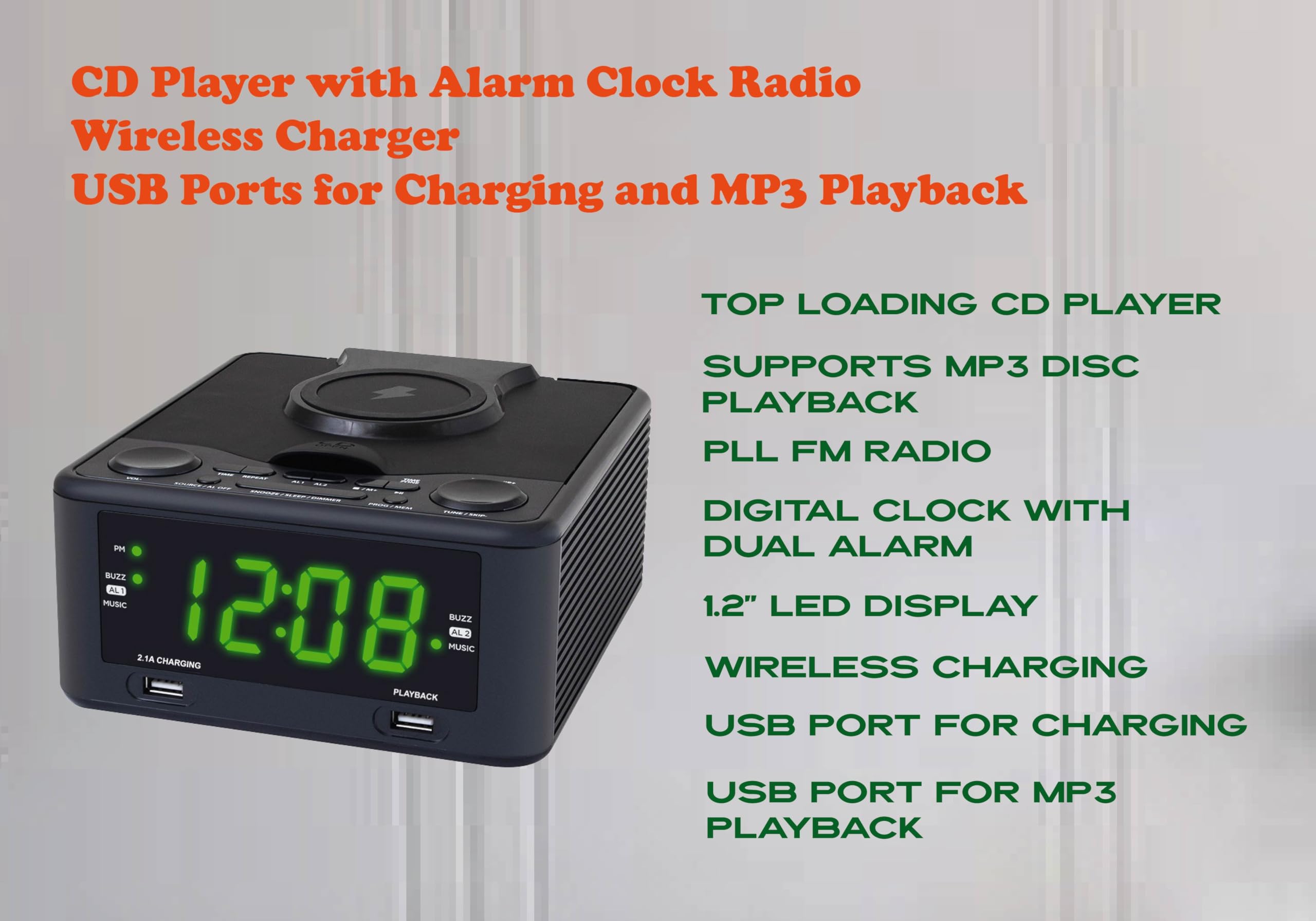 HANNLOMAX HX-208Wi CD/MP3 Player with Alarm Clock Radio, Wireless Charger, PLL FM Radio, USB Ports for Charging and MP3 Playback, 1.2