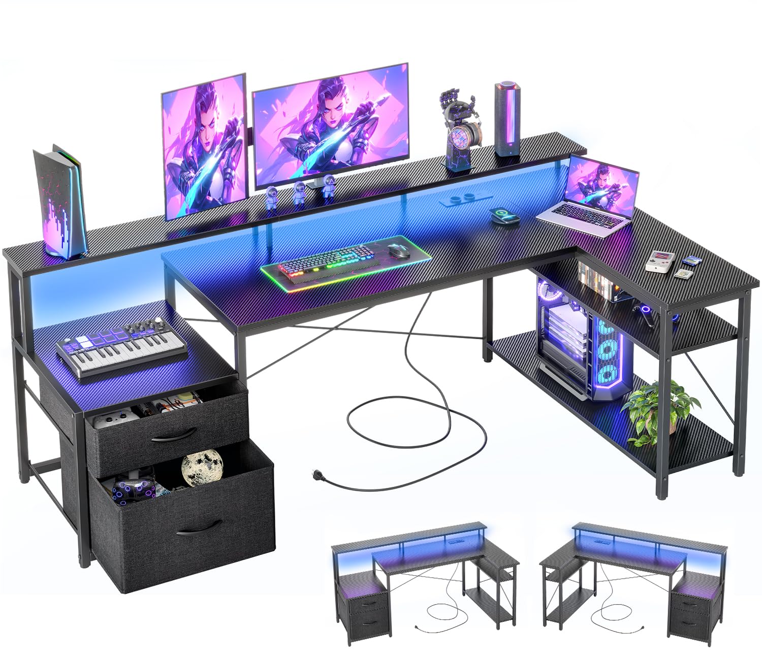 BEXEVUE Escritorio Esquinero LED Tomas Corriente - 165x80cm Ergonómico Escritorio Forma L, 2 Cajones Estantes Reversibles, Grande Soporte Monitor, Mesa Escritura Estudio Juego Trabajo Oficina Hogar