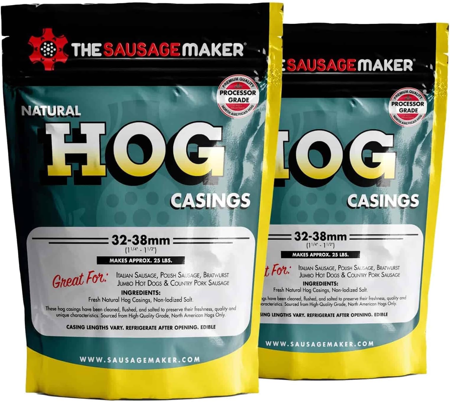 The Sausage Maker® Natural Hog Sausage Casings 32-38mm, Edible Casing For Sausage Making, Stuff Over 25 Lbs Meat, Breakfast, Italian, Polish, Bratwurst, Hot Dog, Pork Links, 1.2-1.5" Dia, Home Pack-2