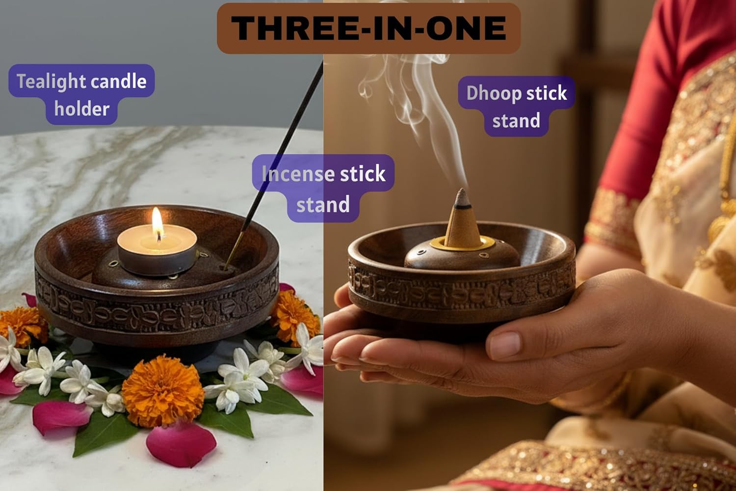 Premium Agarbatti Stand for Puja| Wooden Incense Stick Bowl with ash Catcher for Home Office for Puja | Agarbatti Stand | Puja Room | Meditation | Aromatherapy & Relaxation