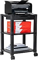 Mind Reader 3-Tier Rolling Printer Cart Stand - Adjustable Height, Lockable Wheels, Storage Drawer for Office Desk Organization, Black 17.25x13.5x24.5"