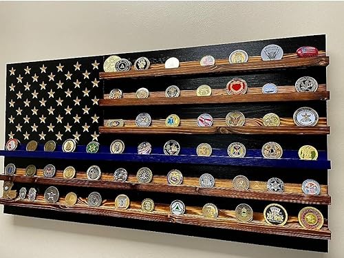 Vista 7 de Thin Blue Line Challenge Coin Holder Display, Wooden Shelves hold 90-100 Coins, for Military, Police, Law Enforcement, First Responders, Custom