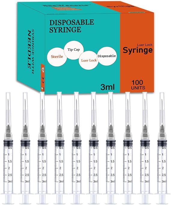 100 Pack 3ml/cc Disposable Luer Lock Lab Syringes with 22Ga 1.0 Inch Needle