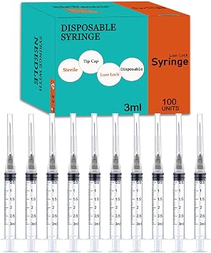 100 Pack 3ml/cc Disposable Luer Lock Lab Syringes with 22Ga 1.0 Inch Needle