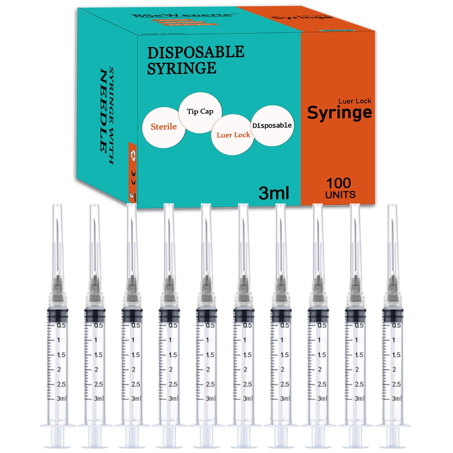 100 Pack 3ml/cc Disposable Luer Lock Lab Syringes with 22Ga 1.0 Inch Needle — Amazon image 7