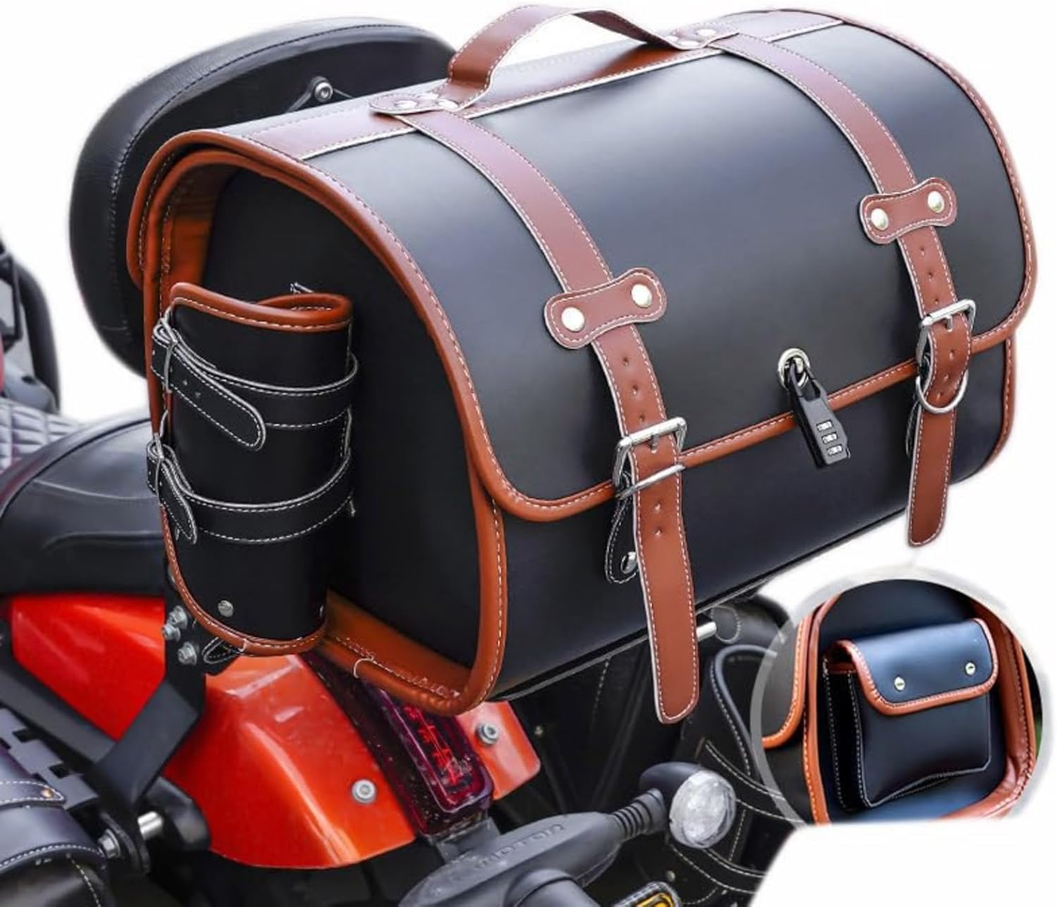 Baul Moto para Ducati Senna, Top Case Moto 33L Impermeable, Bolsa Vintage Cuero PU, Multifuncional, Bolsa Herramienta Motocicleta Gran Capacidad Bolsa,D Black＋Brown