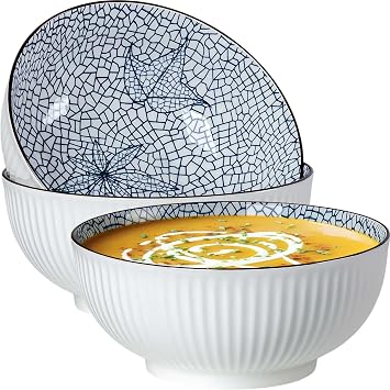 QINLANG Large Soup Bowls, Pho & Ramen Set of 3, 60 oz Blue & White Porcelain - Leaf Pattern