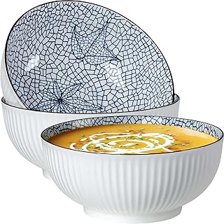 QINLANG Large Soup Bowls, Pho & Ramen Set of 3, 60 oz Blue & White Porcelain - Leaf Pattern