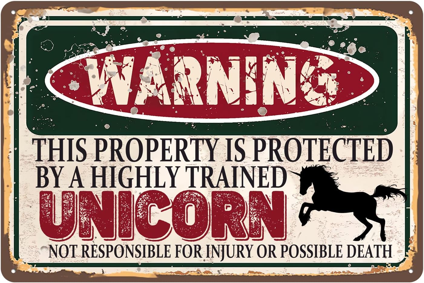 Vintage Unicorn Metal Sign, Warning this property is protected bY a highly trained Unicorn Sign Funny Tin Signs 12x8 Inch - Image 2