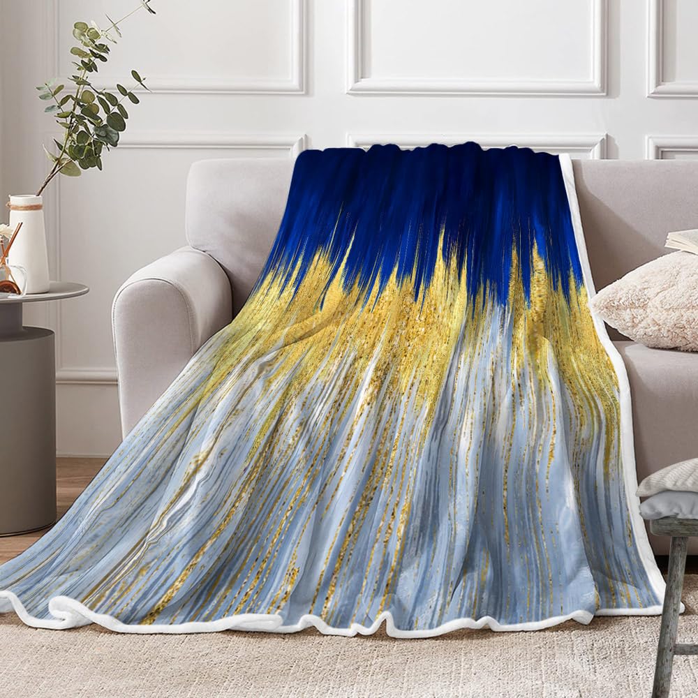 JAWO Blue Golden Fleece Throw - Royal Blue White Throw Blanket with Abstract Stripes Sherpa Plush for Boys Teens Decor, Modern Fuzzy Blanket for Home,