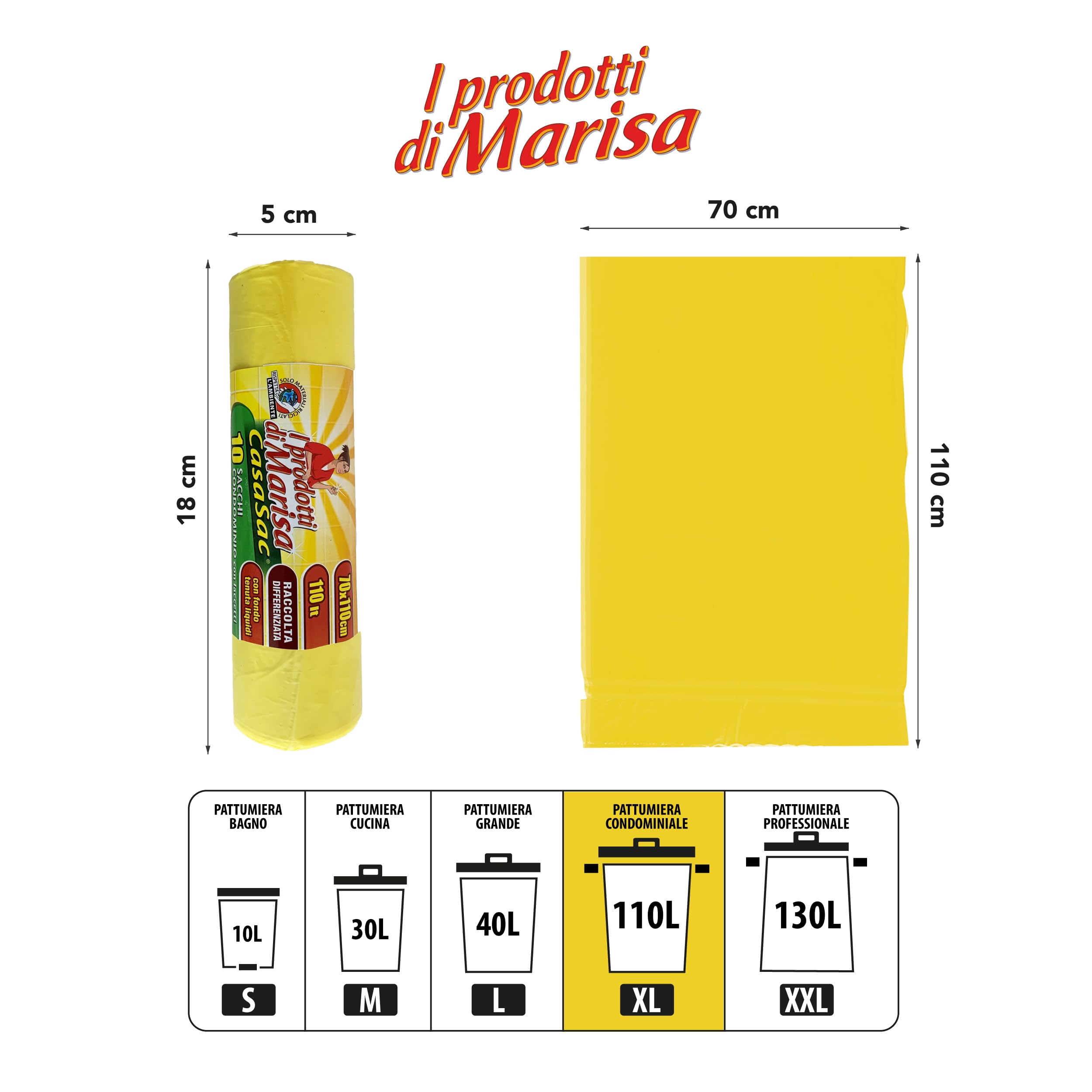 CSC – Bolsas de basura de 110 l con lazos, 240 unidades, grandes para reciclaje exterior e interior, 70 x 110 cm, antiagujeros – 24 rollos, amarillo