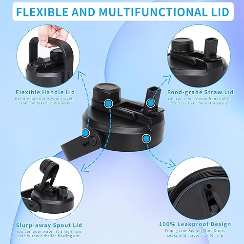 Miniatura 2 de AEXPF Botella de agua aislada de 64 onzas con tapa de tres usos, botella de agua negra de doble pared de acero inoxidable de boca ancha con popote,
