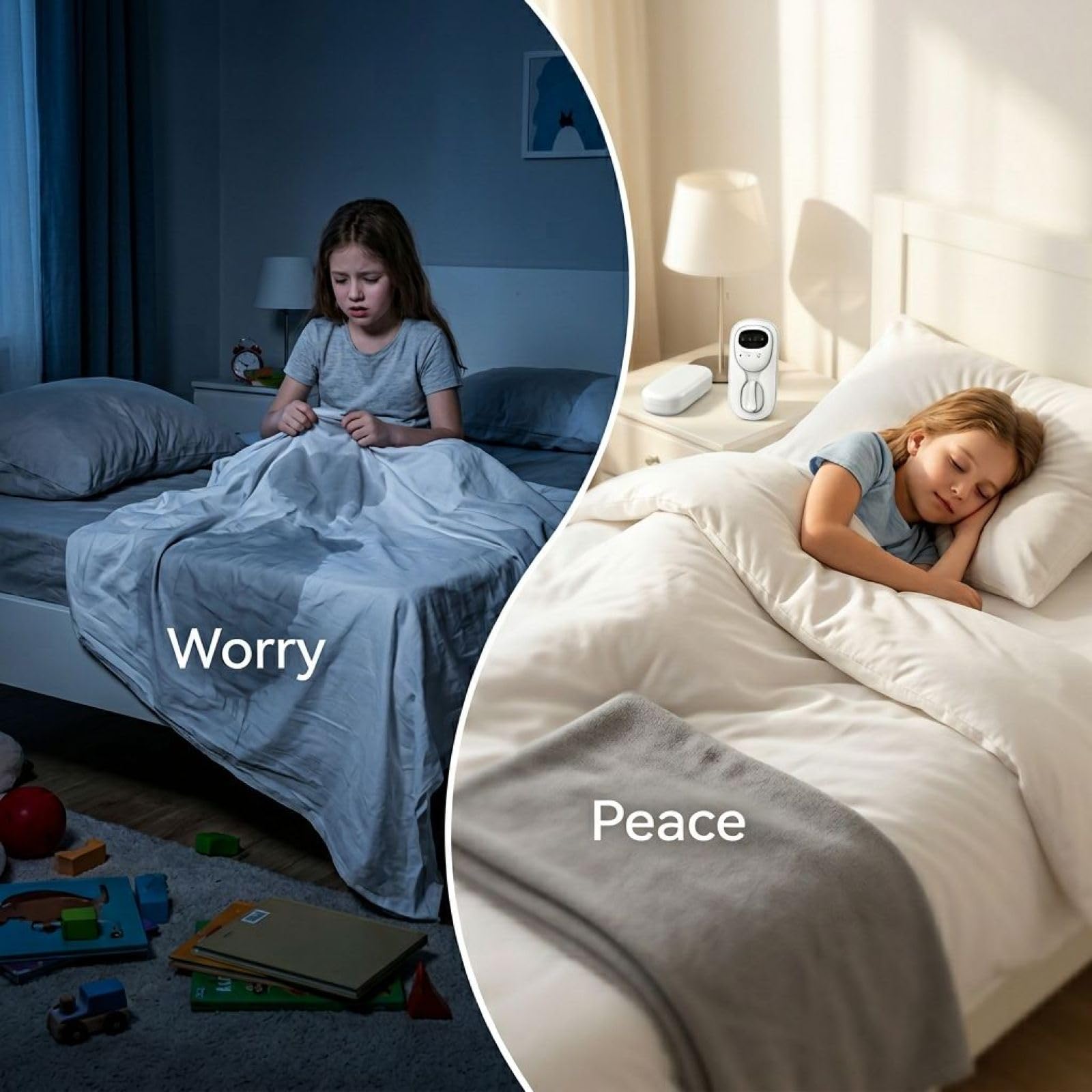 Bezprzewodowy alarm moczenia nocnego, czujnik wilgotności z czarnym ekranem, powiadomienia o wibracjach i dźwiękach, wygodny nadajnik z klipsem, przenośna obudowa ładująca, ładowanie USB-C