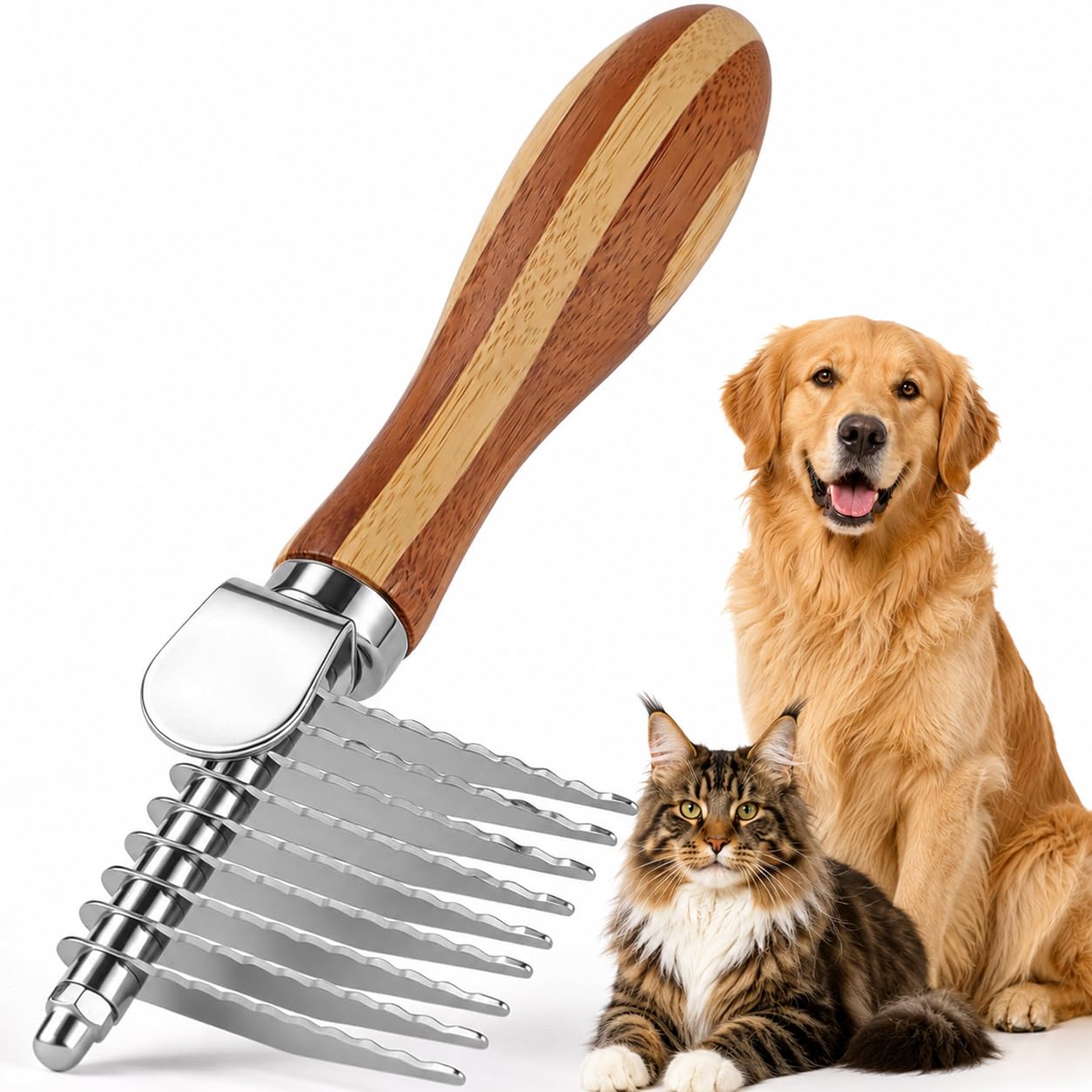 Dog Brush for Shedding & Dematting, Undercoat Rake for Long & Short Hair | 2-in-1 undercoat rake and fine comb for deep deshedding, removing mats, tangles and loose fur with bamboo handle
