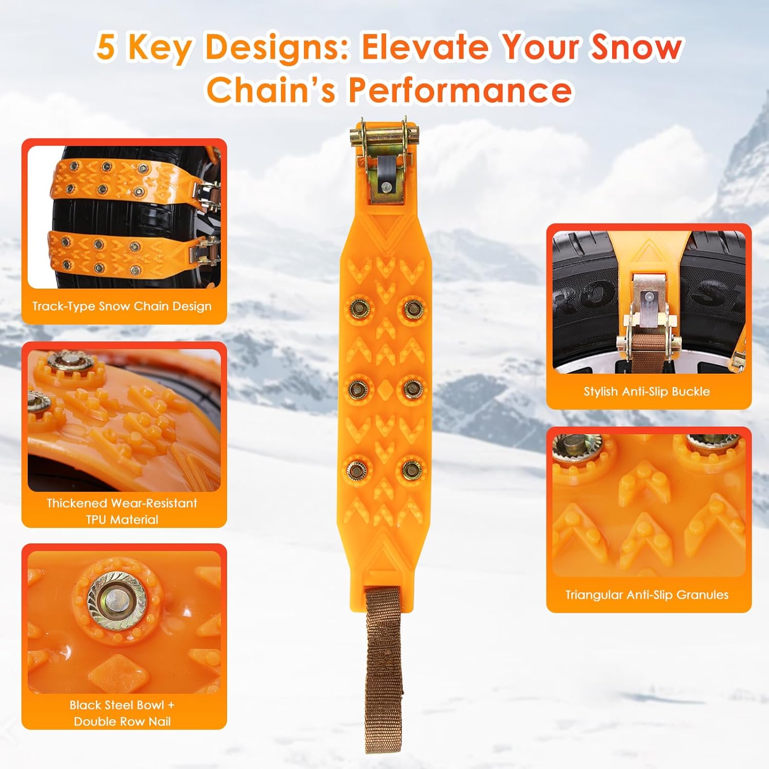 Qoosea Universal Snow Chains 6Pcs Heavy-Duty Wide-Track Tire Chains for SUV & Car Thickened Wear-Resistant TPU Anti-Slip Chains for Tires with Reinforced Structure in Winter Ice & Snow Conditions