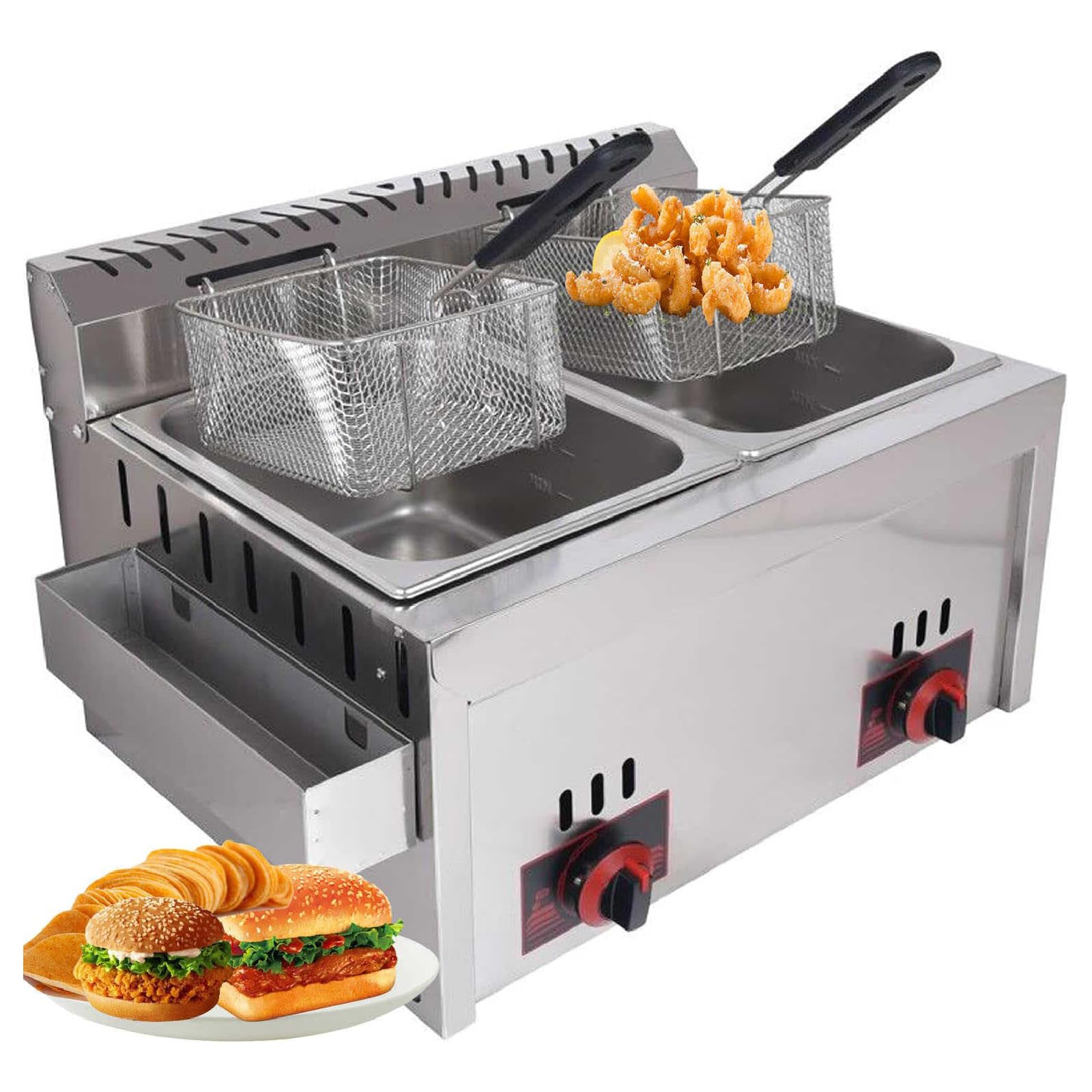 Friggitrice a gas, grande capacità da 10 l, in acciaio inox, per uso commerciale, con potenza di fuoco regolabile, facile da pulire, include cestini e coperchi per patatine, ciambelle, pesce