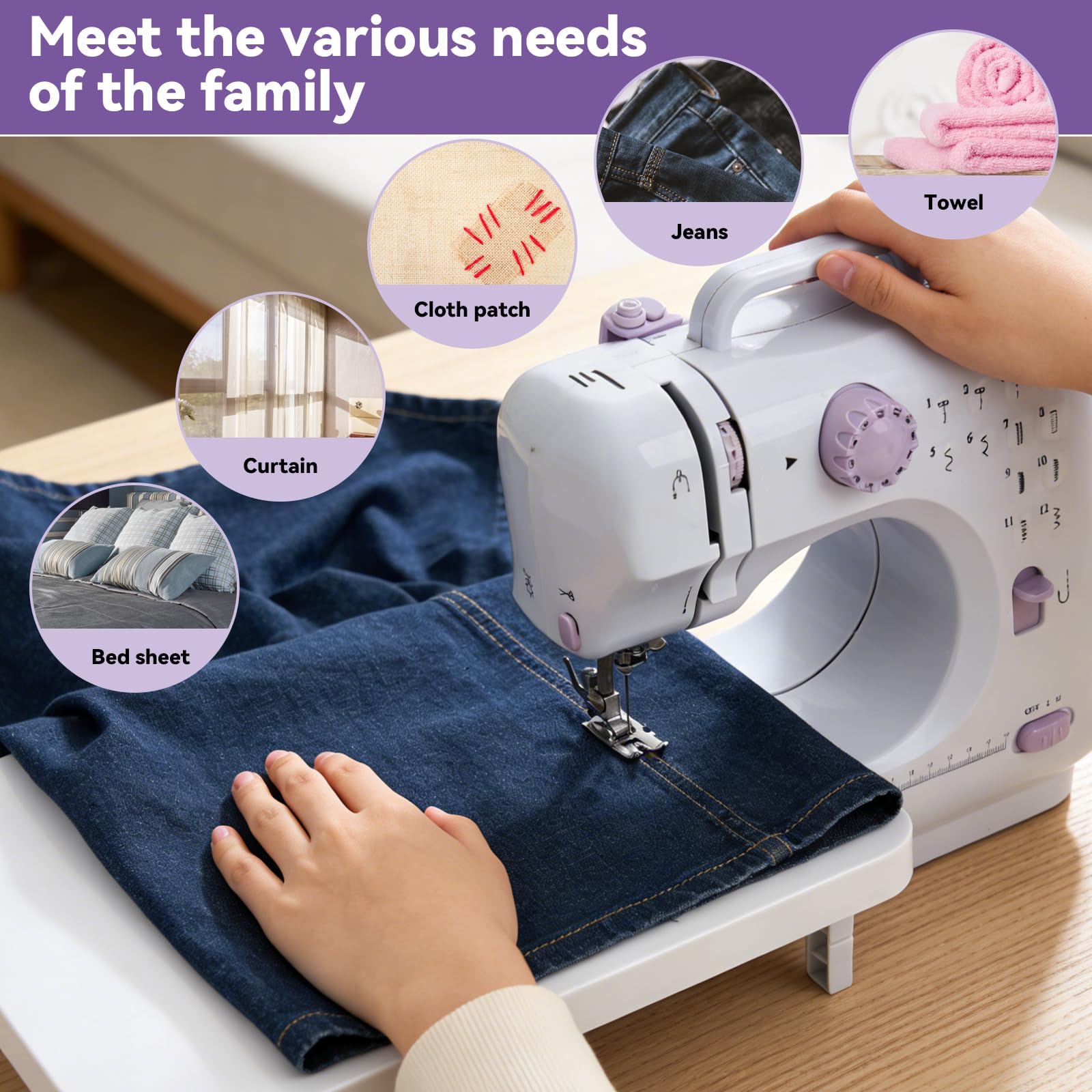 Máquina de coser eléctrica púrpura con mesa de extensión, juego de 11 prensatelas y kit de costura de 97 piezas, pedal de 2 velocidades, ideal para principiantes, adultos, niños, uso doméstico
