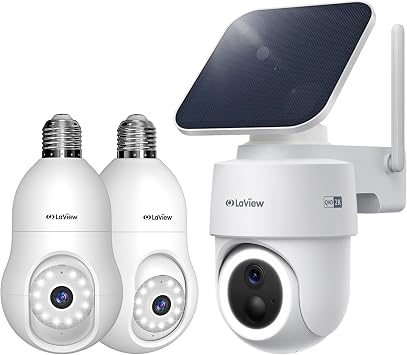 LaView 2K Light Bulb Security Camera & 360 Pan&Tilt Solar Camera Outdoor Wireless, Cameras for Home Security, Compatible with Alexa