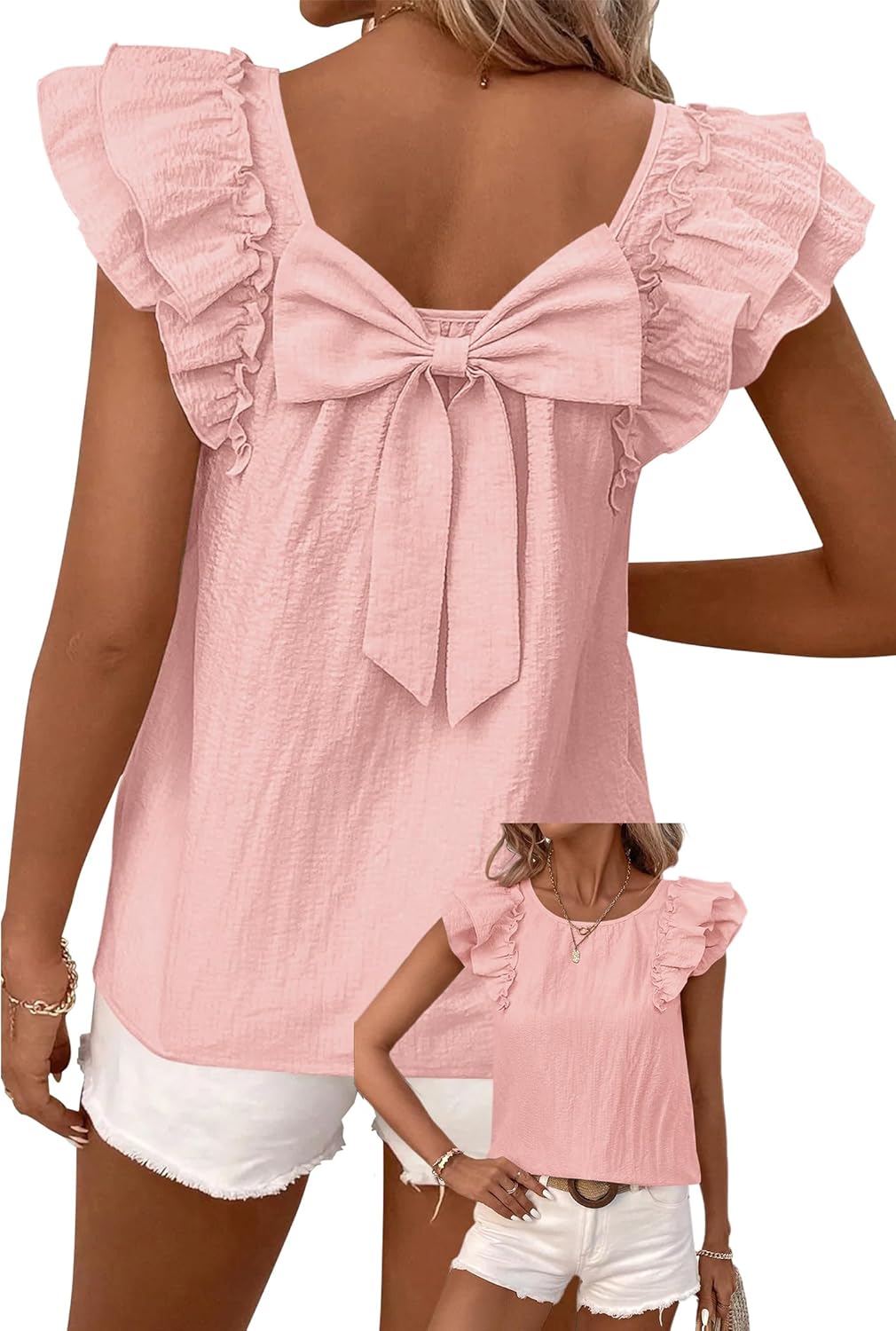 Halife Womens Summer Tops with Bow Tie Back Crew Neck Ruffle Short Sleeve Blouses Dressy Casual Cute Babydoll Shirt