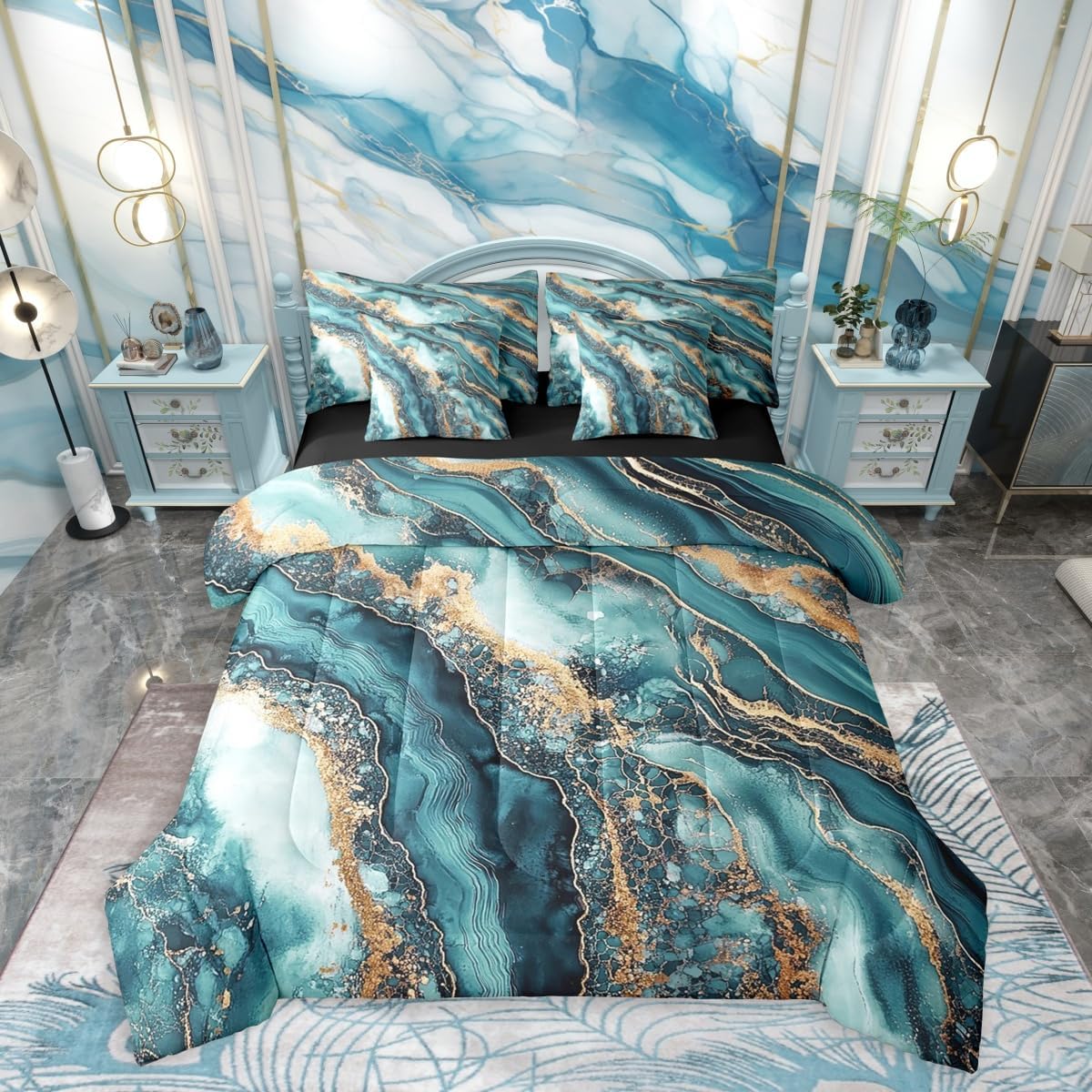Erosebridal Marble Comforter Set Queen Size,Abstract Marble Texture Bedding Set for Kids Teens,Fluid Ink Art (Comforter+Fitted+Flat Sheet+2 Pillowcases+2 Throw Pillow Covers) 7 Pieces Bed Set