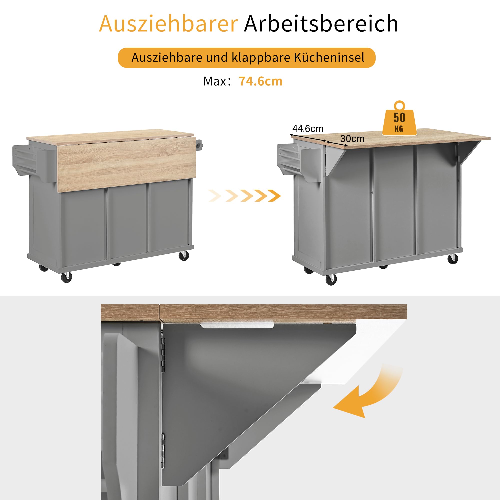 Chariot de cuisine à roulettes avec plan de travail rabattable, armoire de buffet, 2 tiroirs et 4 portes, pour cuisine et salle à manger, 112 x 74,6 x 94,2 cm (gris)