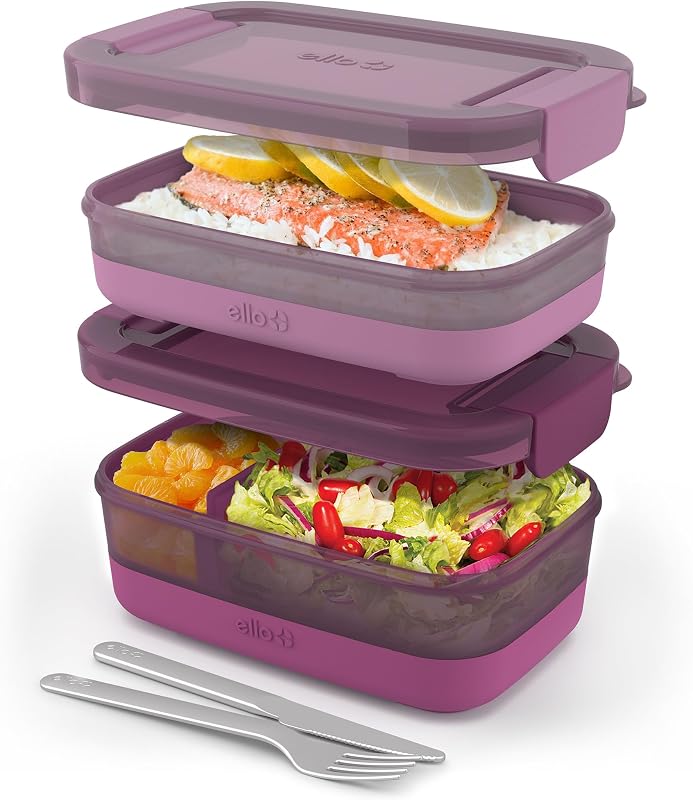 Ello Lunch Stack Bento Box Recipientes de plástico para alimentos, paquete de 2, frambuesa | Recipientes para alimentos tipo caja bento a prueba de fugas, paquete de 2. Sin BPA, ideal para preparar comidas, almuerzos escolares y de oficina y sobras.