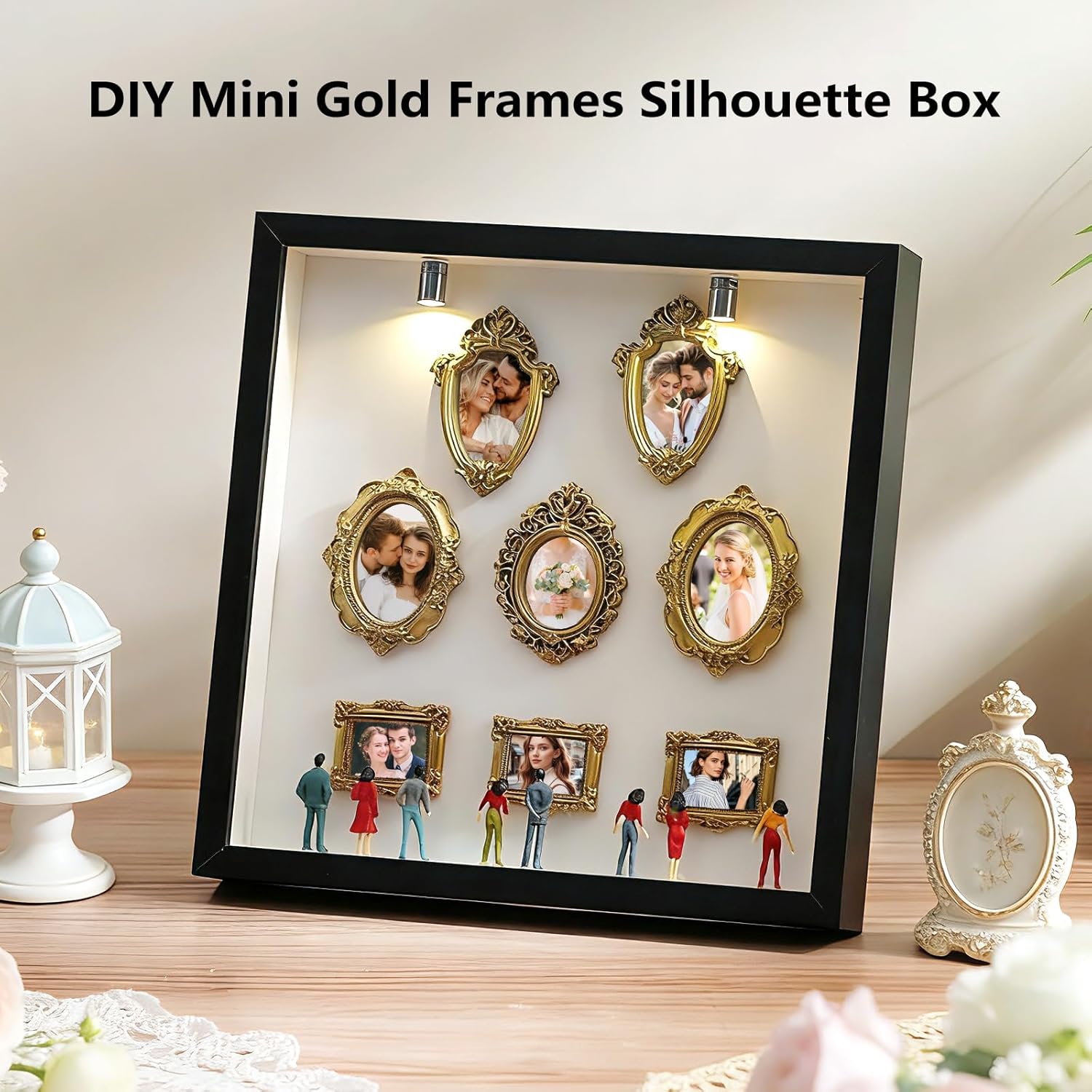 DIY Mini Gold Frames Silhouette Box,2026 Upgrade Shadow Box Frame Display Case,7pcs Mini Museum Figurines & 8pcs Mini Gold Frames, for Anniversary, Wedding, Birthday & Home Decor