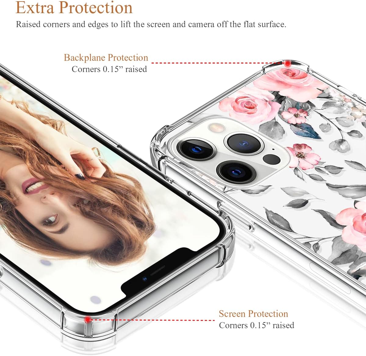 for iPhone 12 Case,for iPhone 12 Pro Case for Women Girls,Clear Floral Flower Cute Design Hard Plastic Back + Soft TPU Bumper Protective Shockproof Phone Case for iPhone12/12 Pro 6.1,Pink/Rose